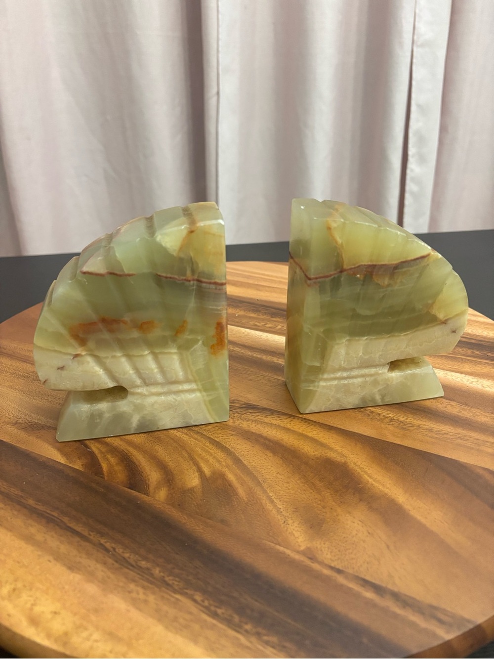 Hand Carved Green Onyx Marble Bookends Seashell Fan
